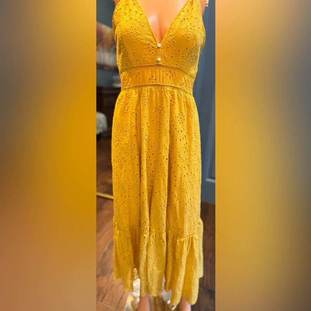 Boho Eyelet Midi Dress Mustard Yellow Sundress Slit Summer Size S - Picture 2 of 8